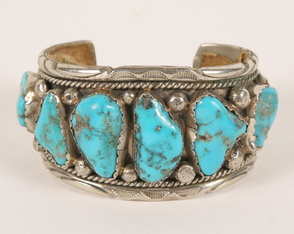 Appraisal: Native American Navajo silver cuff bracelet set with natural turquoise