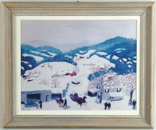 Appraisal: FRAMED GRANDMA MOSES PRINT Scene shows winter in a New