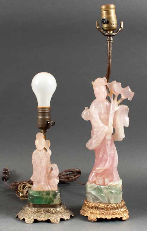 Appraisal: Two Chinese carved pink and green quartz Quanyin figures mounted