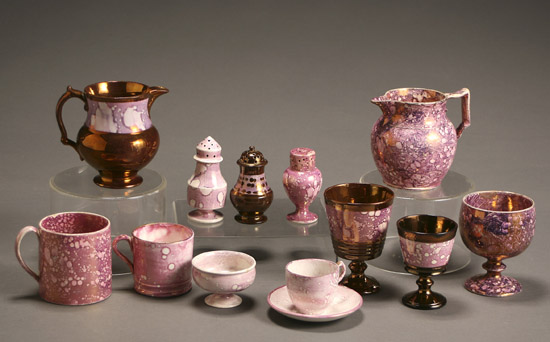 Appraisal: Group of Thirteen English Mottled Pink Lustre Decorated Table Articles