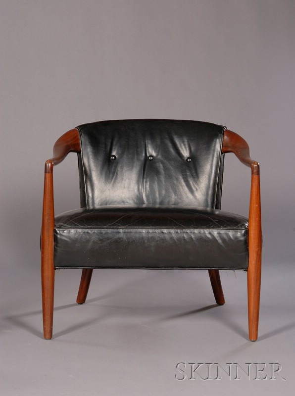 Appraisal: Mid-Century Barrel-back Chair Walnut and upholstery Shaped walnut arms continuing