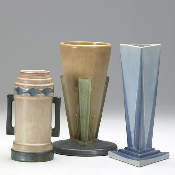 Appraisal: ROSEVILLE Futura three vases two and one Some restoration to