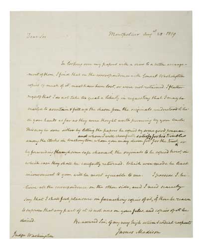 Appraisal: MADISON JAMES Autograph Letter Signed to Judge Bushrod Washington informing