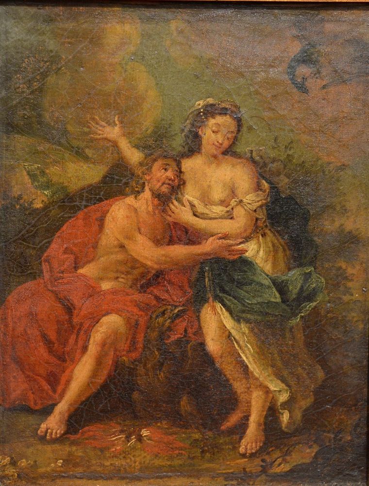 Appraisal: Old Master Two Partially Clad Figures with Flying Peacock oil