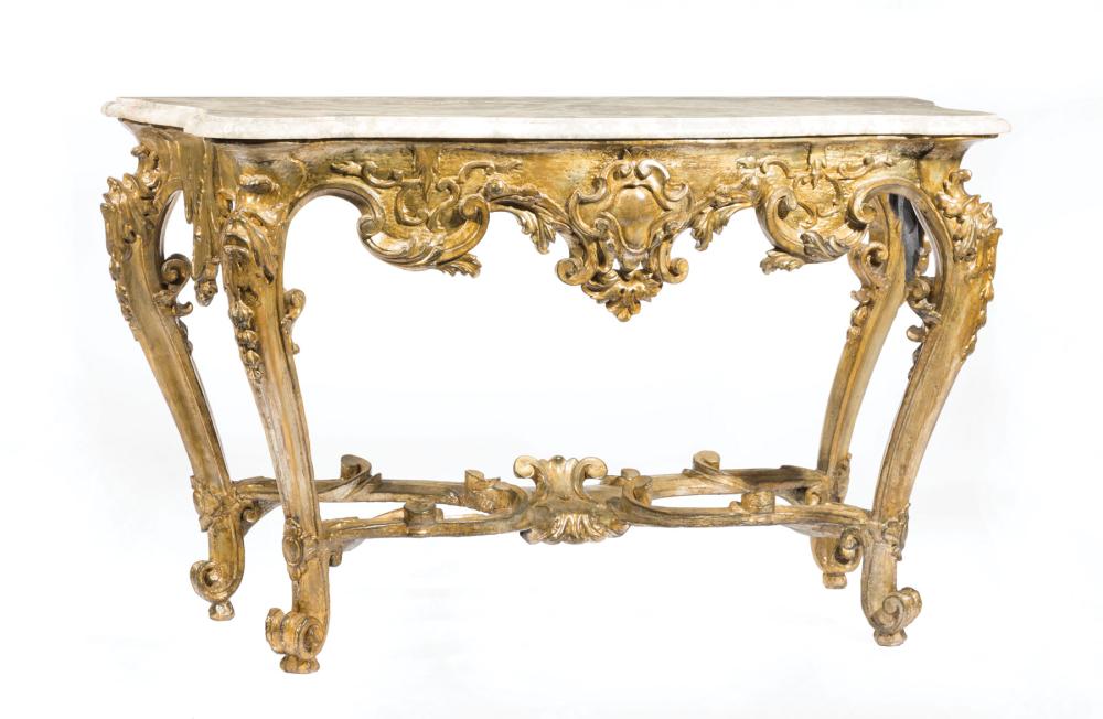 Appraisal: Continental Rococo Carved Giltwood Console Table th c shaped Breccia