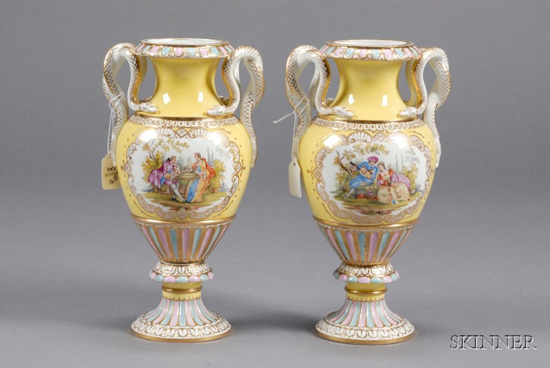 Appraisal: Pair of Meissen Porcelain Yellow Ground Vases Germany late th