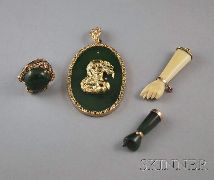 Appraisal: Four Gold-mounted Jewelry Items a kt gold-framed green stone pendant