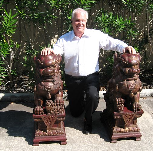 Appraisal: MASSIVE PAIR th C CARVED FOO LION GUARDIANS Palace guardians