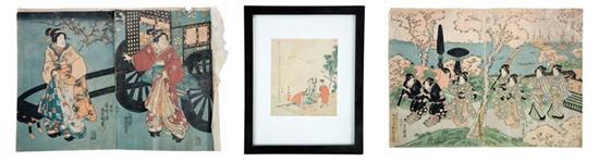 Appraisal: FIVE WOODBLOCK PRINTS Japanese th century Two diptychs and a