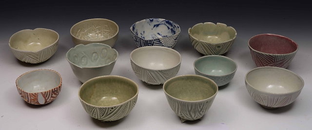 Appraisal: Alison Taylor British - Bowls celadon and coloured glazes incised