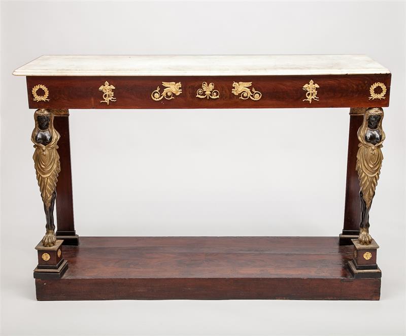 Appraisal: Empire Style Gilt-Metal-Mounted Mahogany Console Table With marble top in