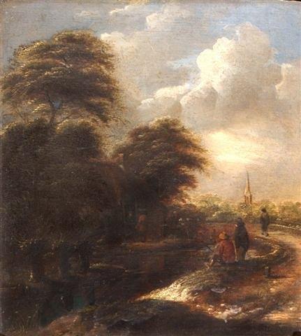 Appraisal: KLAES MOLENAER - - River landscape with figures fishing from