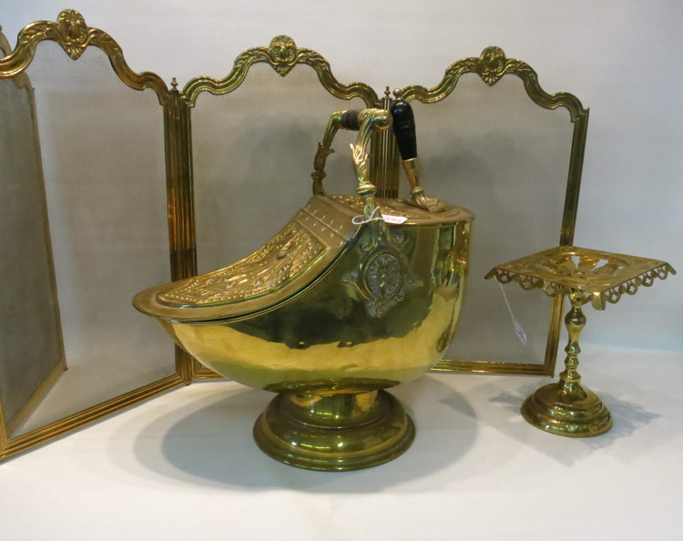 Appraisal: VICTORIAN BRASS COAL SCUTTLE SCREEN AND TRIVET the scuttle having