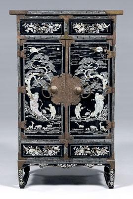 Appraisal: Asian inlaid chest black lacquered chest on stand two drawers