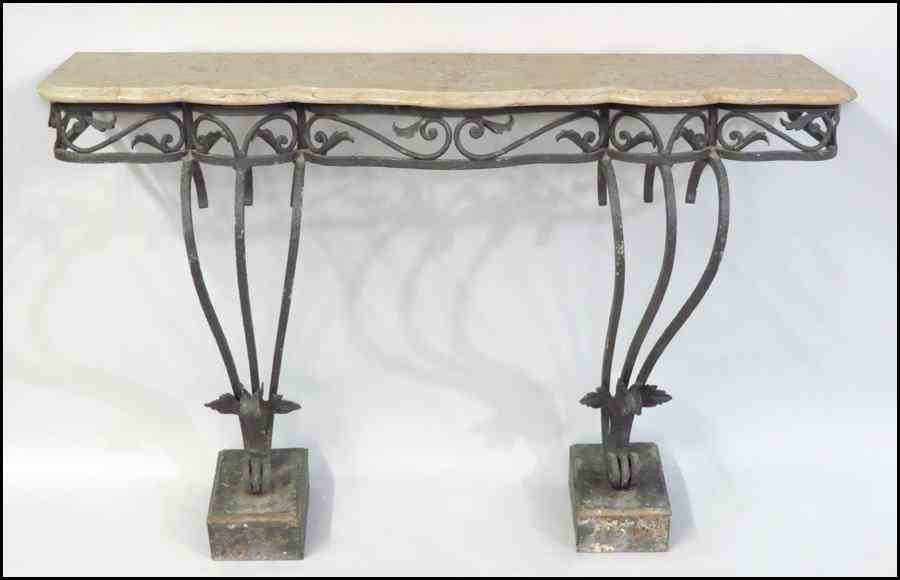 Appraisal: SCROLLED IRON CONSOLE TABLE With a scalloped marble top H