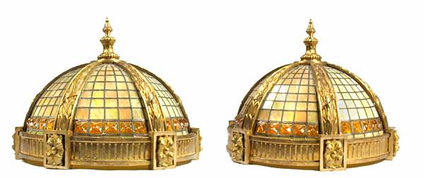 Appraisal: A pair of Tiffany style leaded glass and gilt bronze