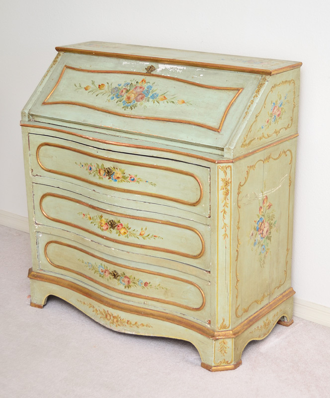 Appraisal: EARLY PAINT DECORATED DROP FRONT SECRETARY DESK Floral paint decoration