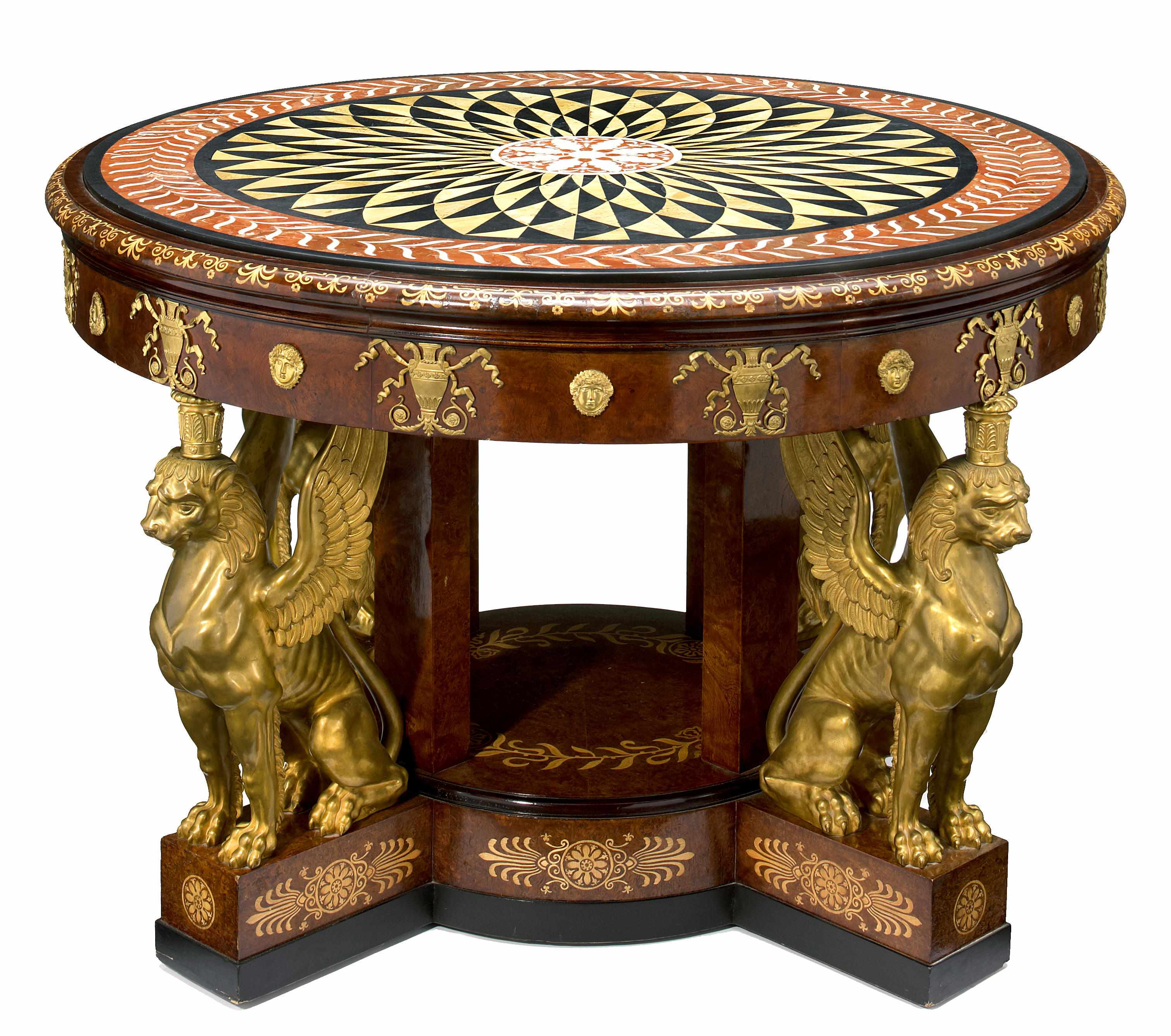 Appraisal: An imposing Empire style gilt bronze mounted inlaid walnut center