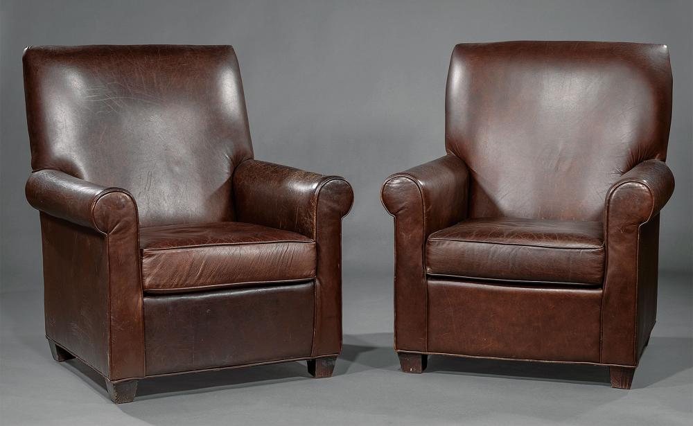 Appraisal: Pair of American Leather Club Chairs th c high backs