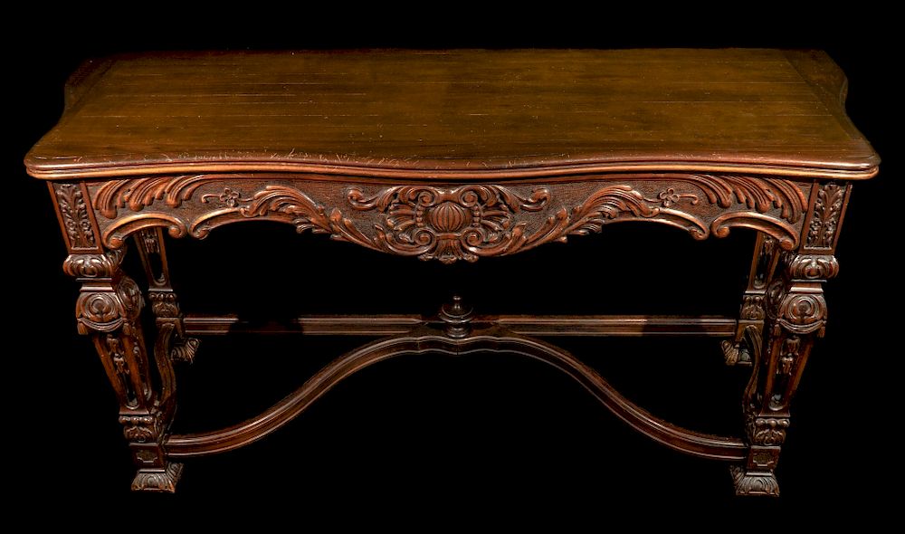 Appraisal: Walnut French Expanding Console Table Elaborately Carved Legs Oxbow Stretcher