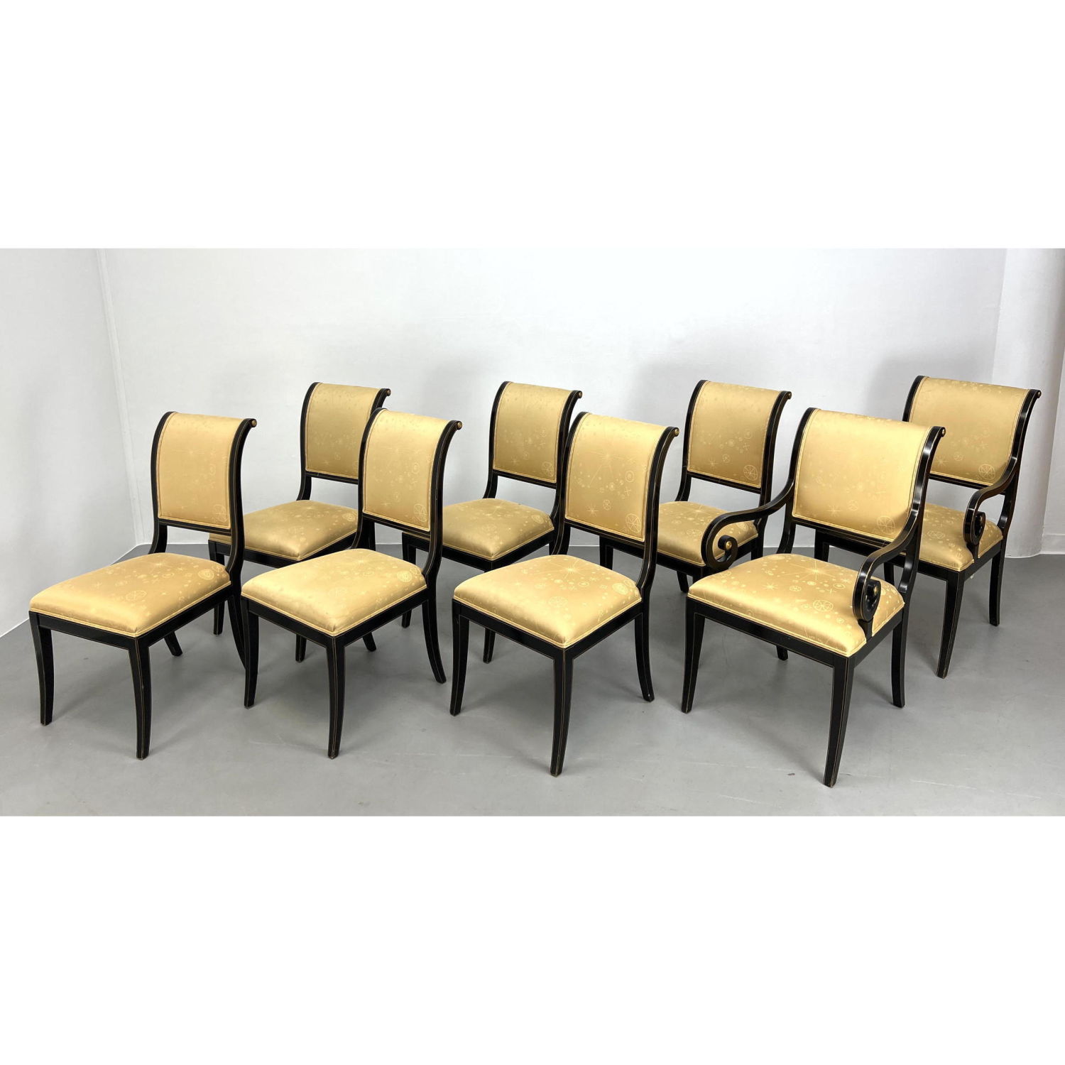 Appraisal: Set KINDEL Dining Chairs Black Lacquer with gold stripe Dimensions