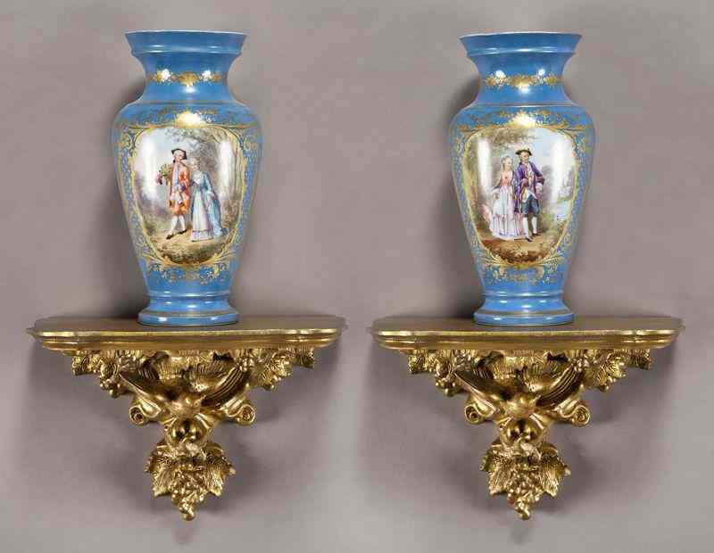 Appraisal: Pr Sevres style vases with celeste blue ground the reserves