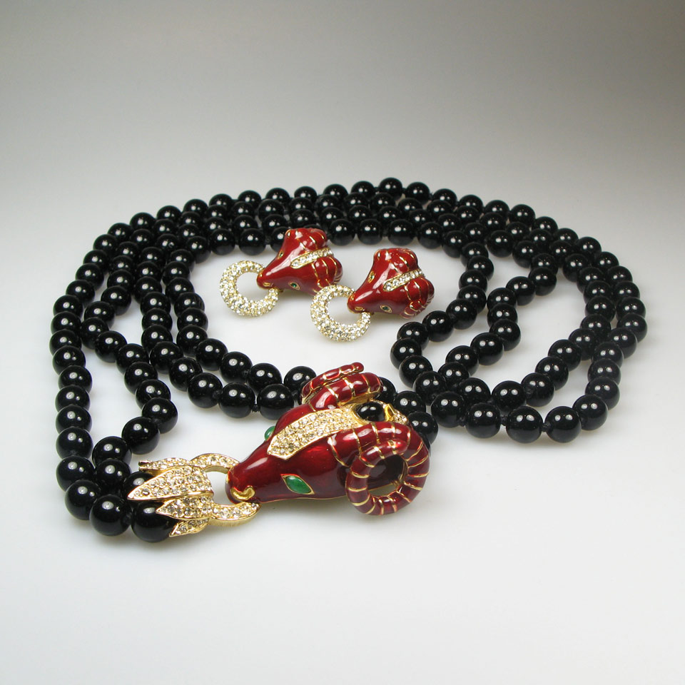 Appraisal: Ciner Double Strand Black Bead Necklace with enameled ram s