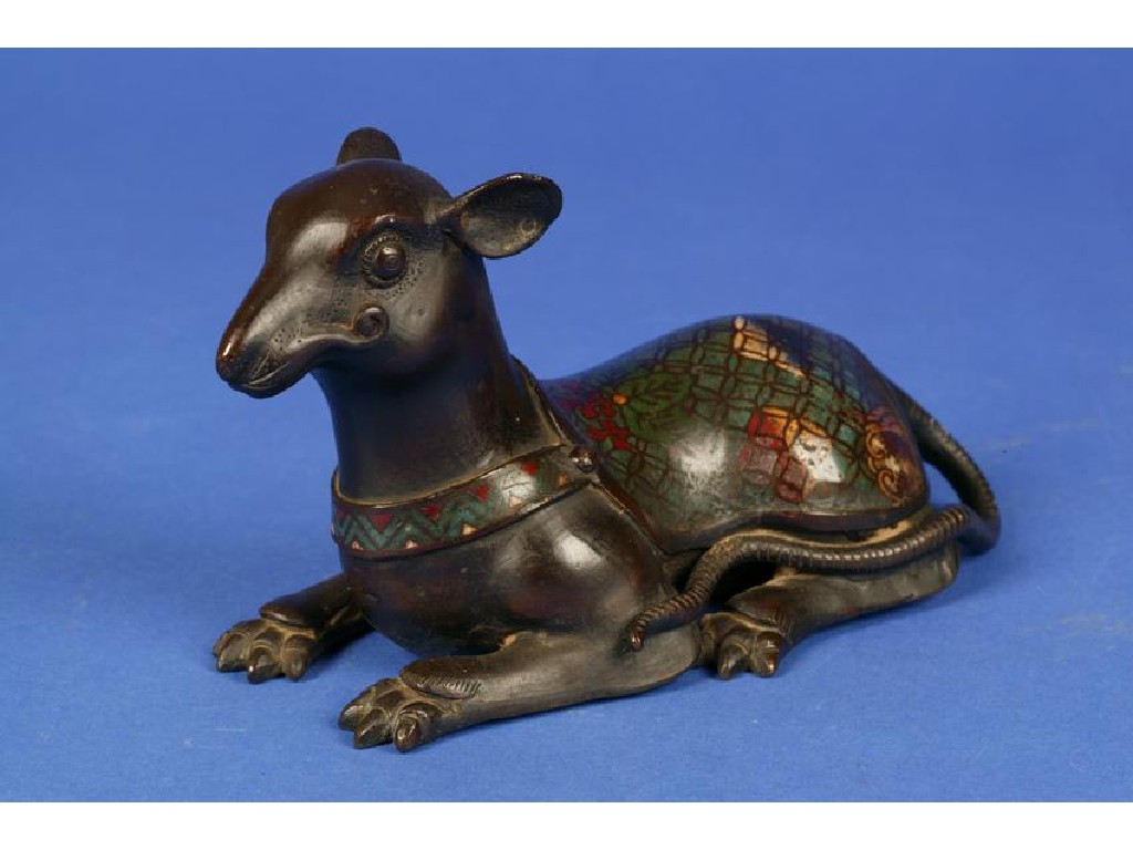 Appraisal: A CHINESE BRONZE OF A RODENT wearing a cloisonne enamel