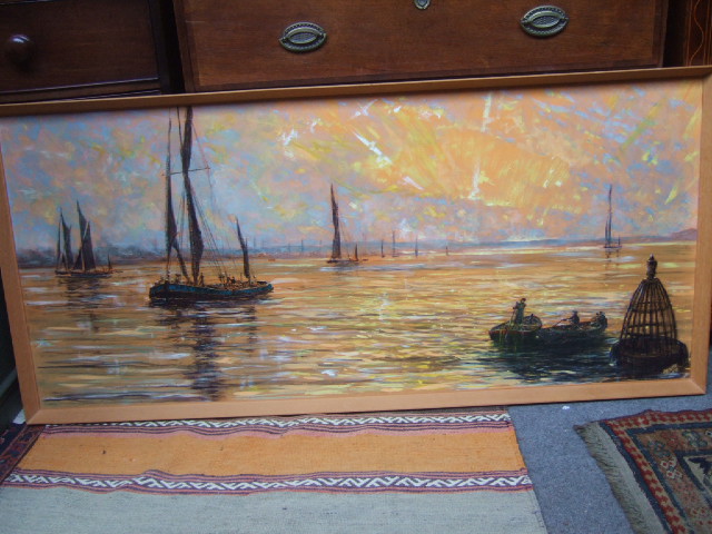 Appraisal: T Rouse th century Harbour scene at sunset oil on