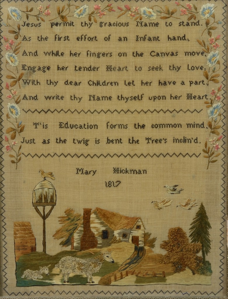 Appraisal: Mary Hickman wool silk embroidery and verse needlework sawtooth border