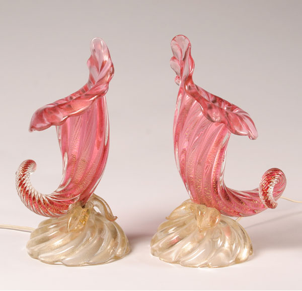 Appraisal: Pair Pink Cornucopia Art Glass Lamps H One lamp with