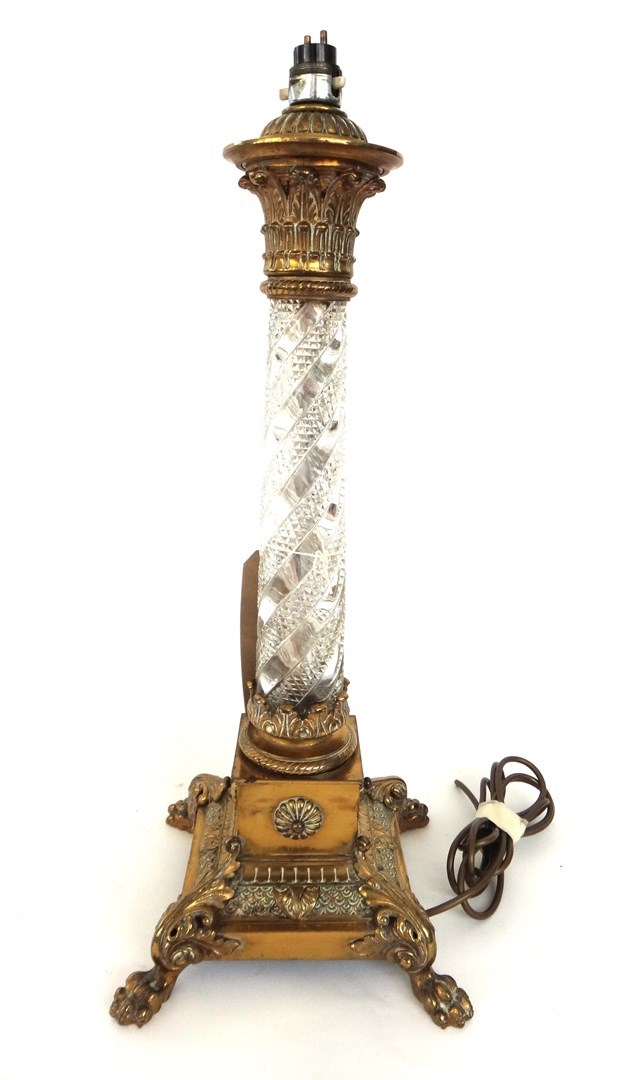 Appraisal: A gilt bronze and glass table lamp late th century