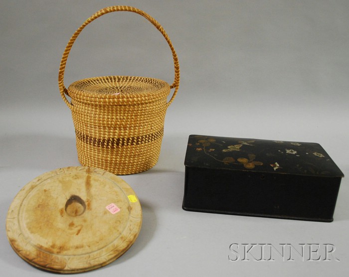 Appraisal: Woven Basket a Wooden Breadboard and a Lacquered Papier-mache Box