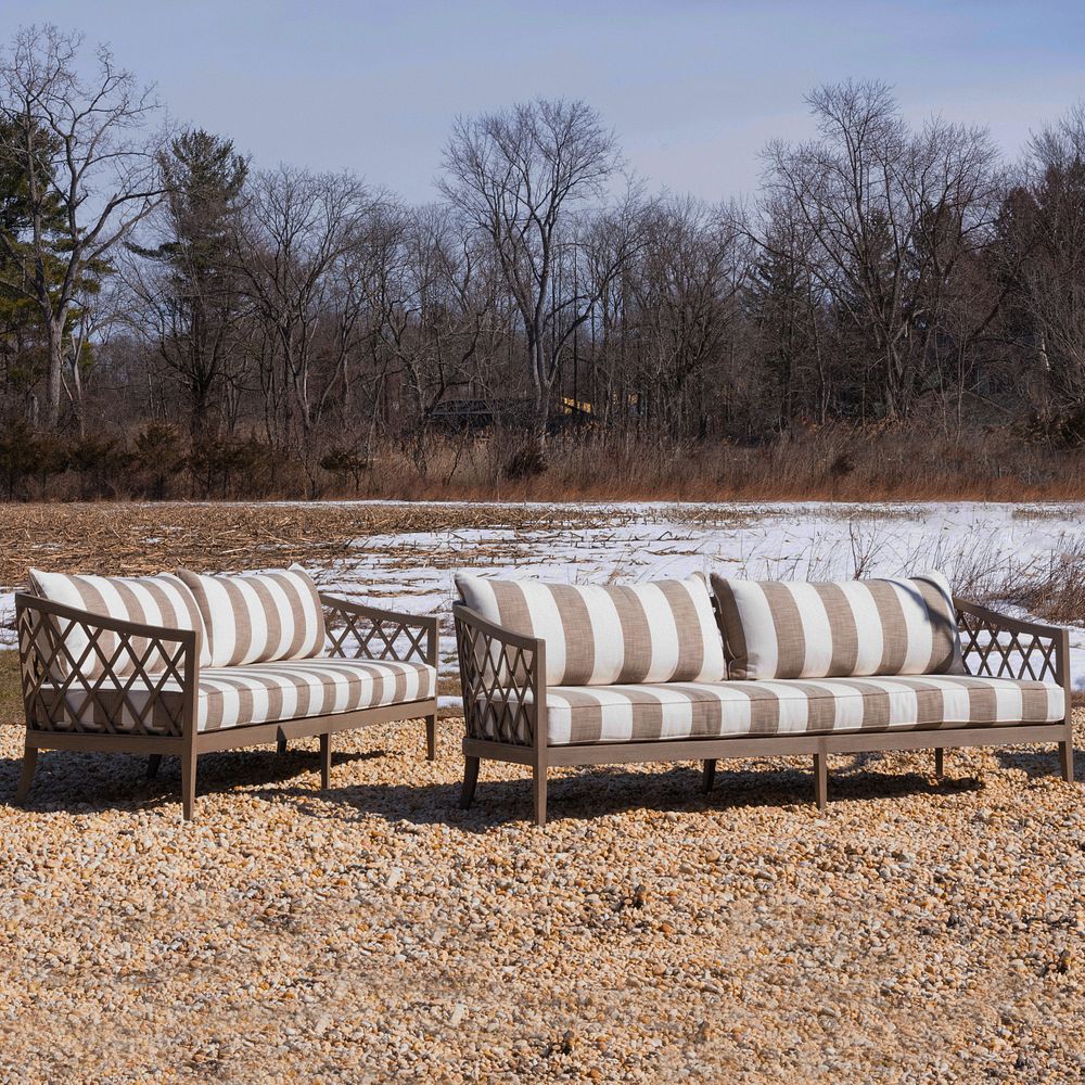 Appraisal: Pair of Restoration Hardware Teak and Upholstered Outdoor Settees The