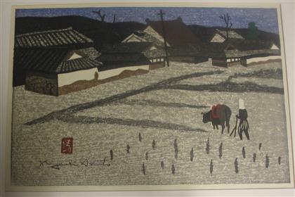 Appraisal: KIYOSHI SAITO japanese - two color woodcuts VILLAGE SCENE x