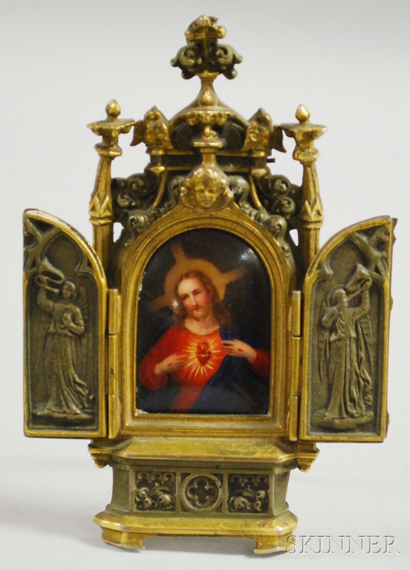 Appraisal: Small German Cast Brass Shrine with Oval Hand-painted Porcelain Portrait