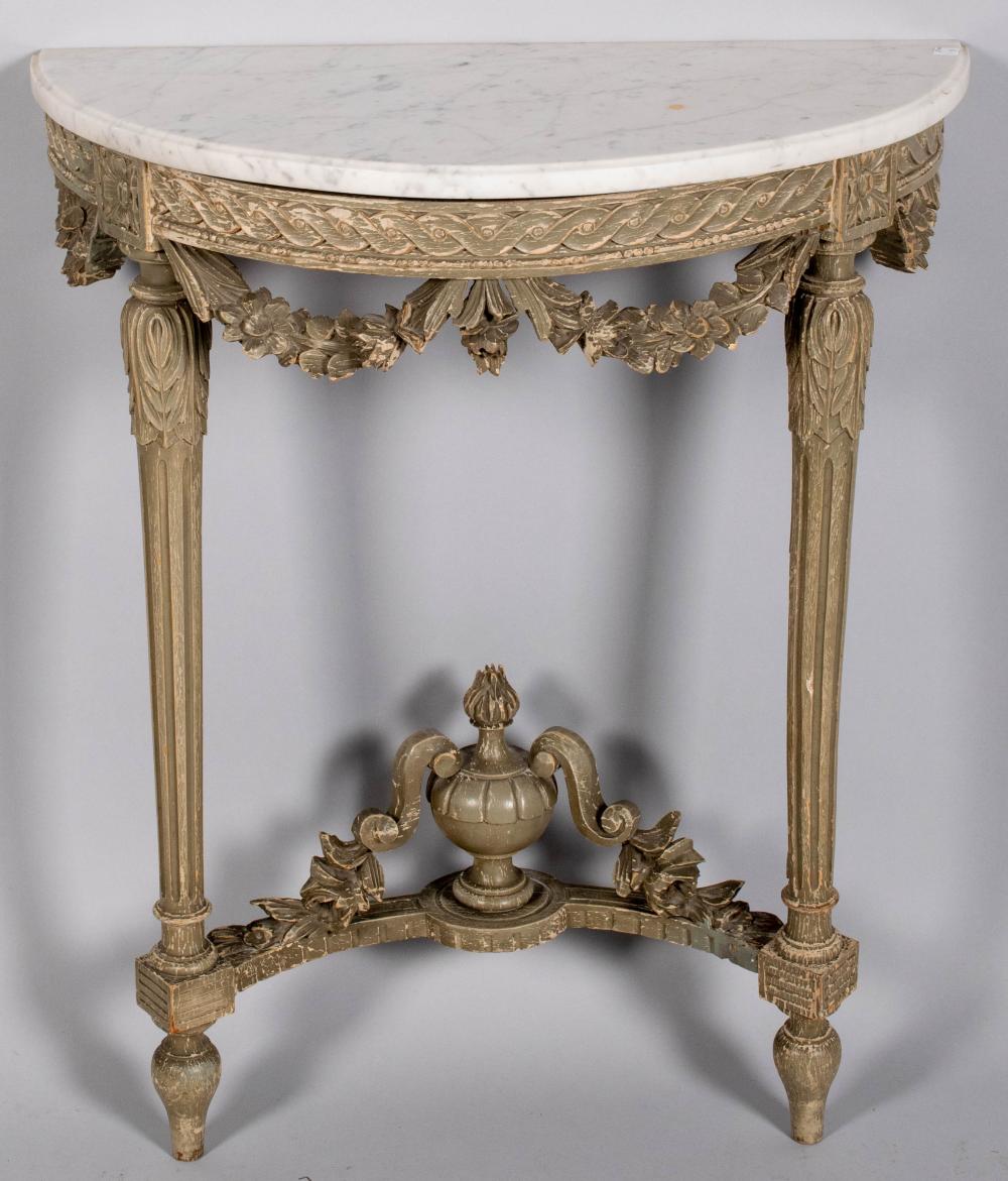 Appraisal: LOUIS XVI STYLE GREY PAINTED CONSOLE the demilune white marble