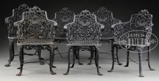 Appraisal: ASSEMBLED SET OF SIX CAST IRON OUTDOOR ARMCHAIRS The fancy