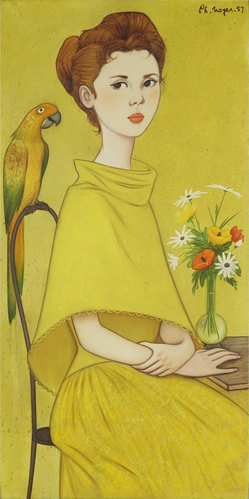 Appraisal: PHILIPPE HENRI NOYER - GIRL WITH BIRD FLOWER oil on