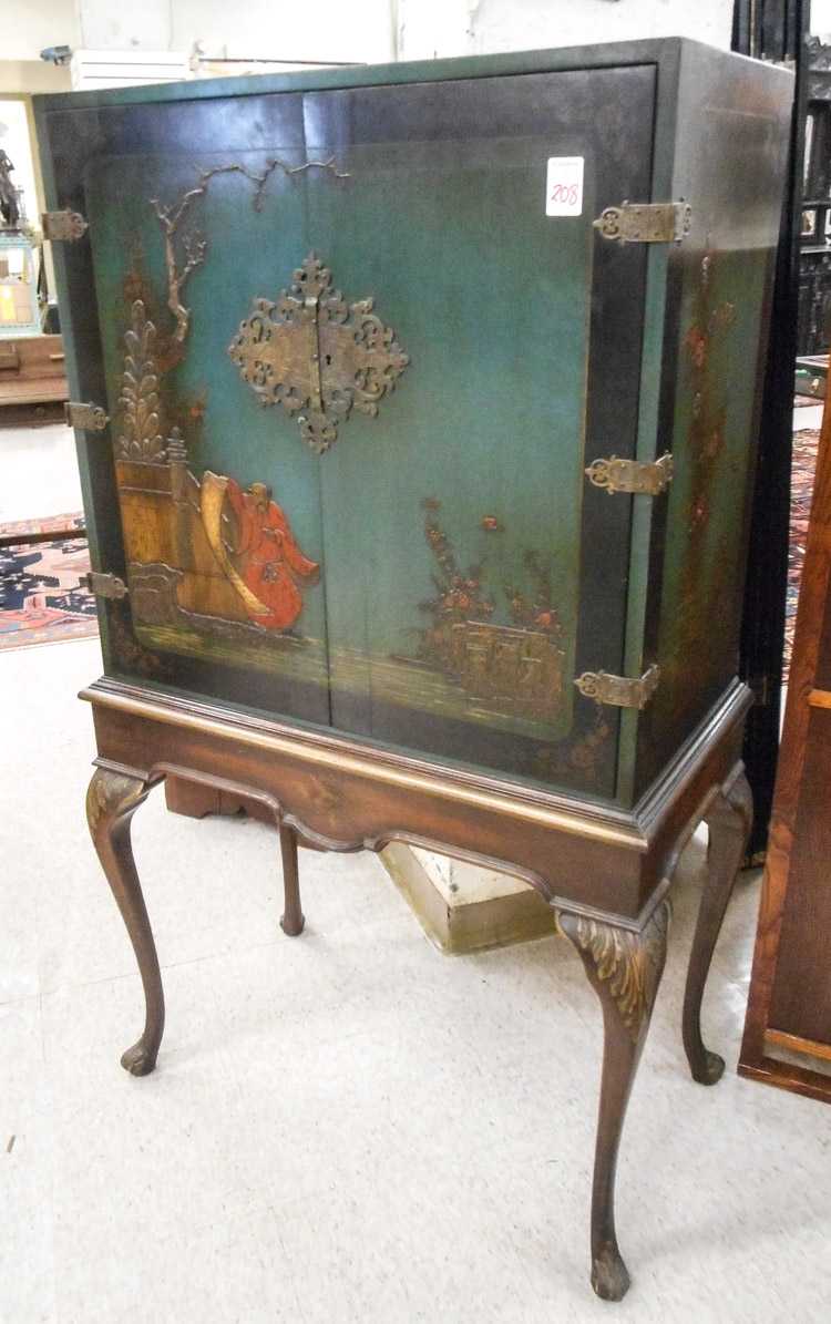 Appraisal: QUEEN ANNE STYLE JAPANNED CABINET SECRETARY ON STAND Elgin A