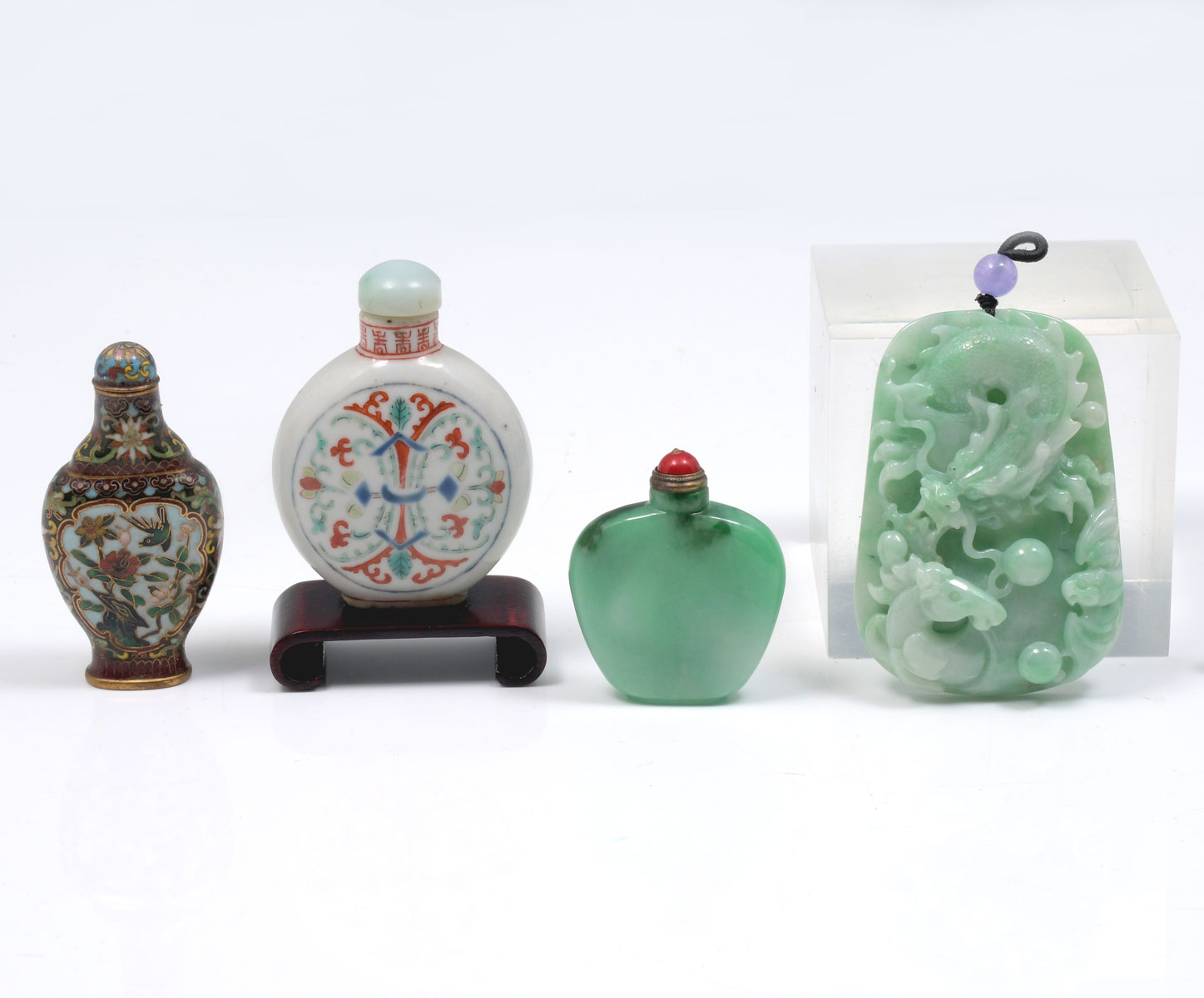 Appraisal: PC CHINESE SNUFF BOTTLES AND PENDANT Comprising - signed porcelain