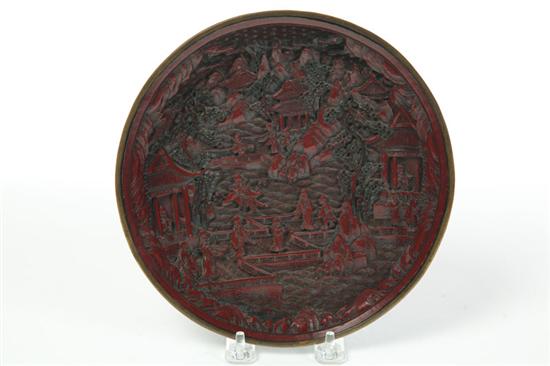 Appraisal: CINNABAR BOWL China possibly Qianlong - Heavily carved mountain village