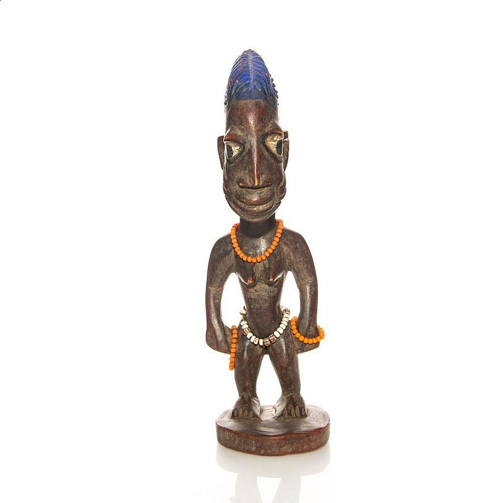 Appraisal: NIGERIAN TRIBAL WOOD SCULPTURE OF WOMAN AND BEADS Hand carved