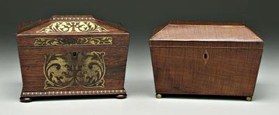 Appraisal: Two sarcophagus form tea boxes one figured mahogany inlaid kite