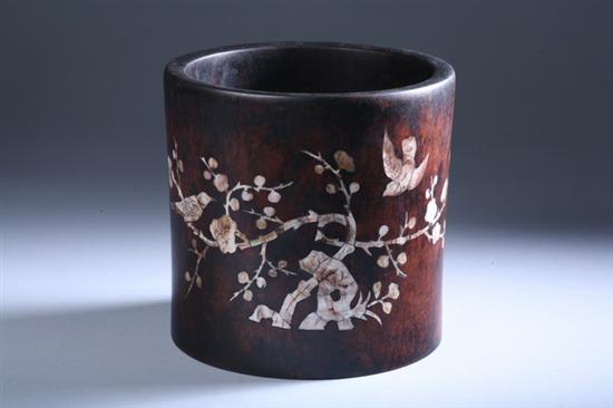 Appraisal: CHINESE MOTHER-OF-PEARL INLAID WOOD BRUSH POT Bird floral and calligraphy