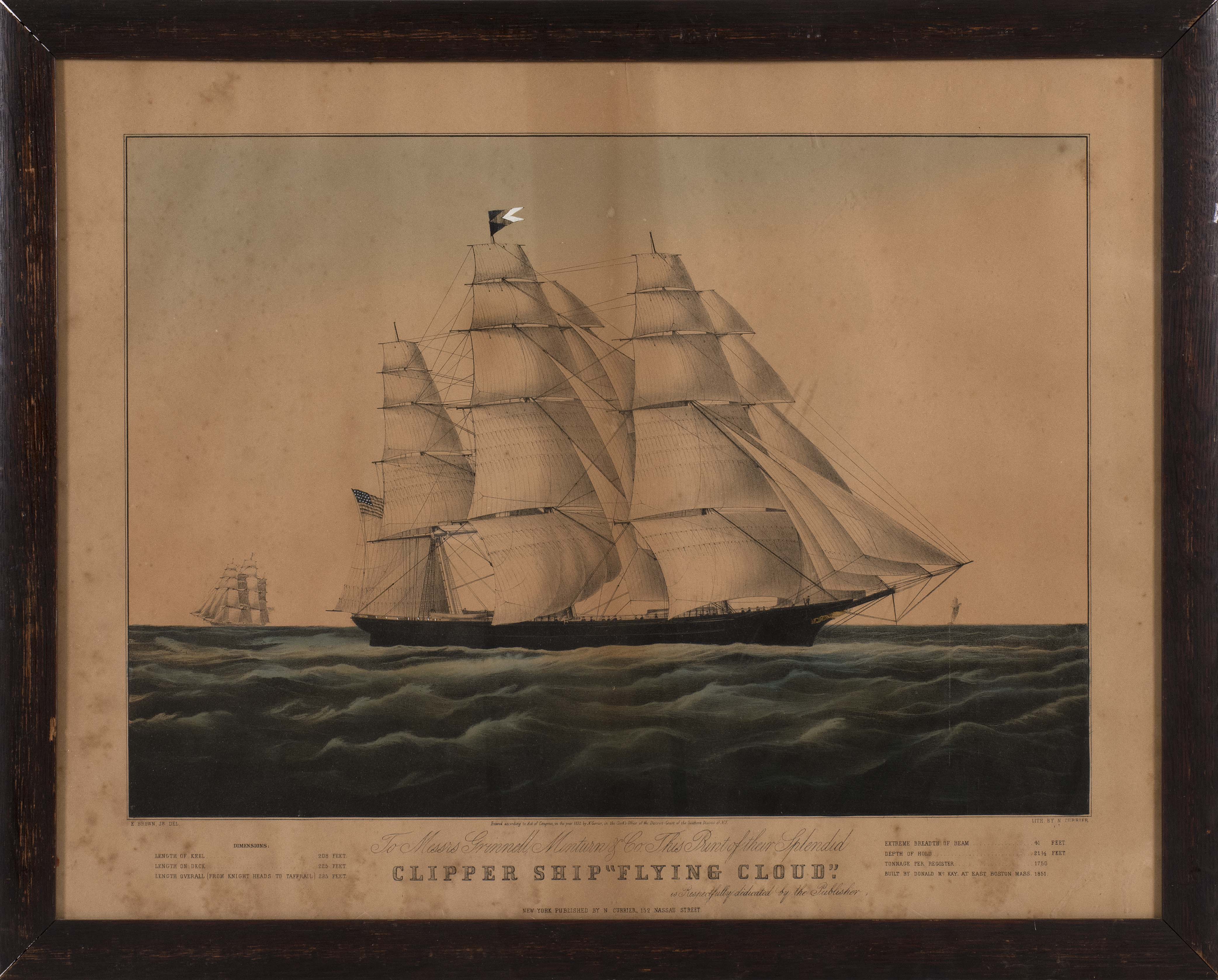 Appraisal: FRAMED N CURRIER LITHOGRAPH CLIPPER SHIP 'FLYING CLOUD' x sight