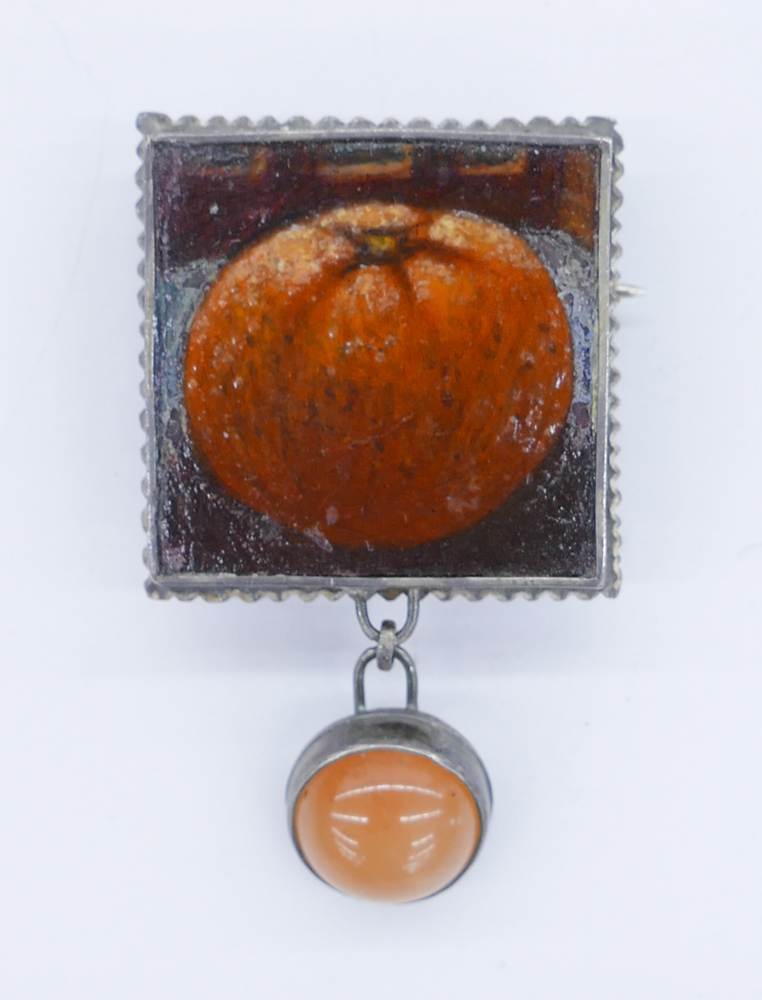 Appraisal: Sarah Wauzynski b Washington Persimmon Brooch Silver and Egg Tempera