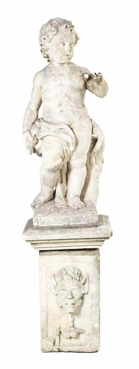 Appraisal: A Cast Stone Garden Sculpture depicting a draped putti raised