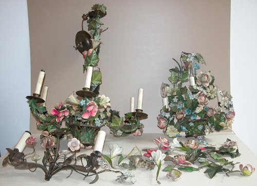 Appraisal: Artist Title Painted metal chandelier and sconces with floral decoration