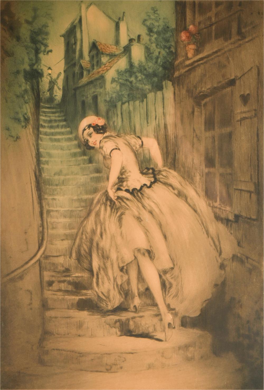 Appraisal: LOUIS ICART - CHARM OF MONTMARTRE colored etching matted and